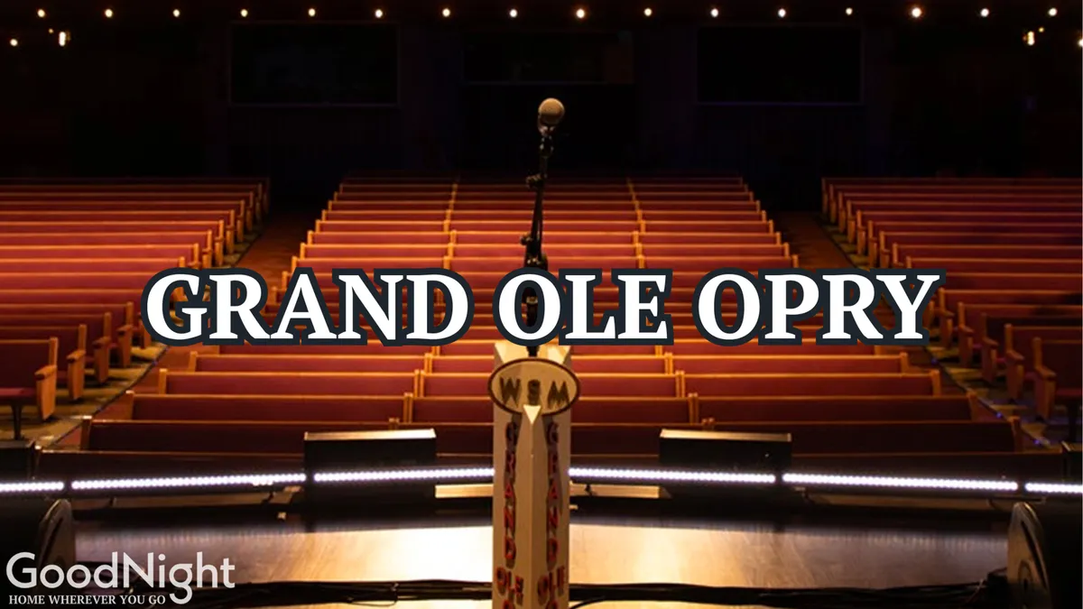 A stage setup with a vintage microphone, empty seats, and evocative stage lighting, creating a mood of anticipation and musical excitement. The scene feels intimate and steeped in Nashville’s musical heritage.