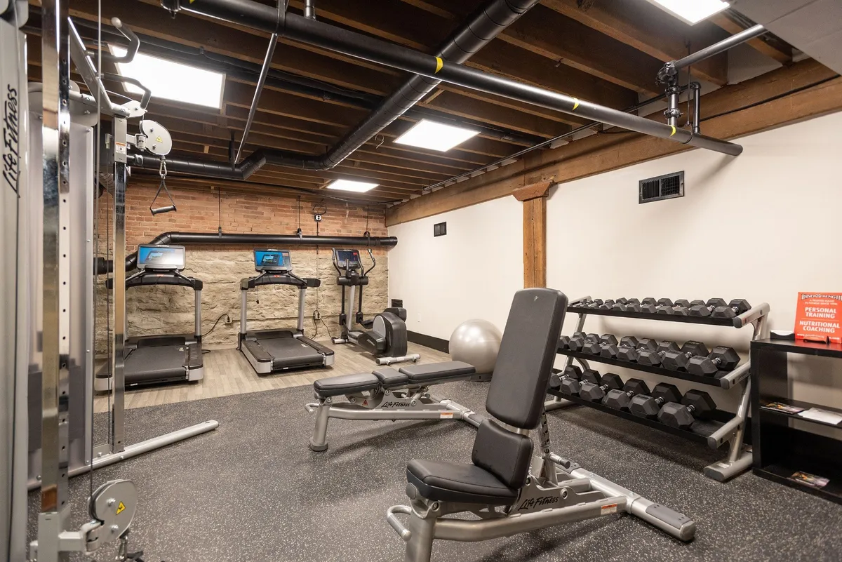 A modern fitness center with treadmills, a weight bench, dumbbell rack, and exercise ball, arranged to create an energizing and focused atmosphere for workouts. Natural light and clean lines lend the gym a welcoming, productive feel.