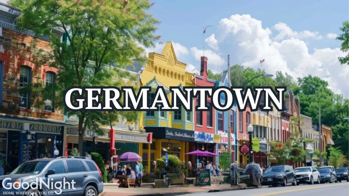 A colorful street scene featuring inviting storefronts, people walking and chatting, outdoor seating areas, and leafy trees lining the avenue. The vibrant energy suggests a hub of social activity, shopping, and communal relaxation in a welcoming urban setting.